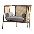 Comfortable Modern Leisure Chair With Wooden Frame Woven Backrest Armrests And Gray Cushion