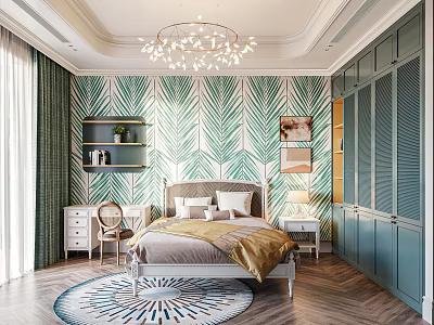 Cozy Bedroom Interior With Green Leaf Wallpaper Chandelier Round Rug And Blue Wardrobe 3d model