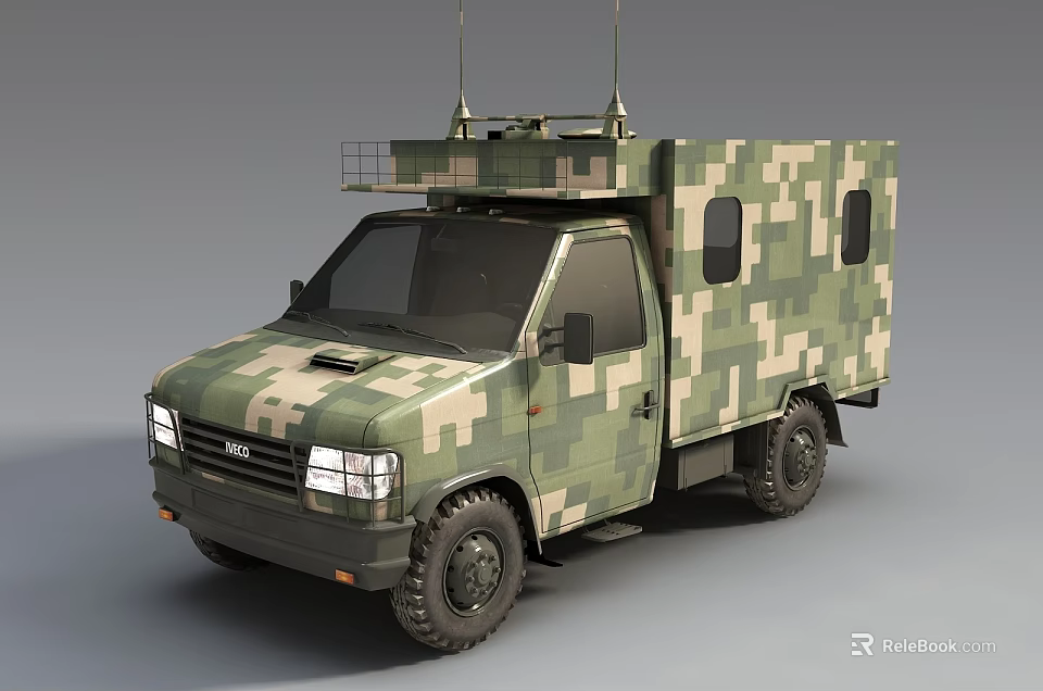 Camouflage Utility Vehicle with Roof Racks and Off-road Tires in Military Style 3d model 