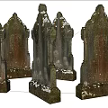Ancient Stone Wood Tombstones With Carved Details And Snow Covered Surfaces