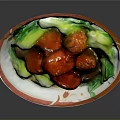 Delicious Braised Red Meatballs with Fresh Green Vegetables and Sauce on Ceramic Plate