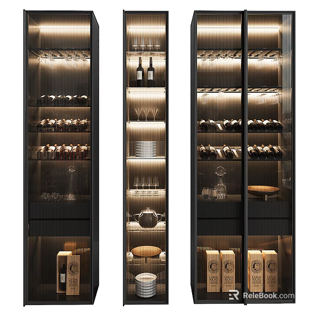 Elegant Modern Entryway Side Cabinet with Glass Doors and Interior Lighting Displaying Glassware and Tableware 3d model 