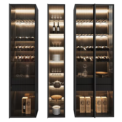 Elegant Modern Entryway Side Cabinet with Glass Doors and Interior Lighting Displaying Glassware and Tableware 3d model