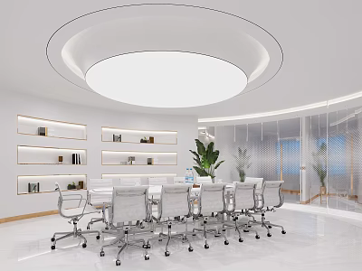 Bright Modern Conference Room Featuring Circular Ceiling Light White Shelves Long Table And White Chairs 3d model