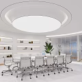 Bright Modern Conference Room Featuring Circular Ceiling Light White Shelves Long Table And White Chairs