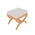 Modern Rattan Ottoman With Light Colored Cushion And Curved Cross Legs