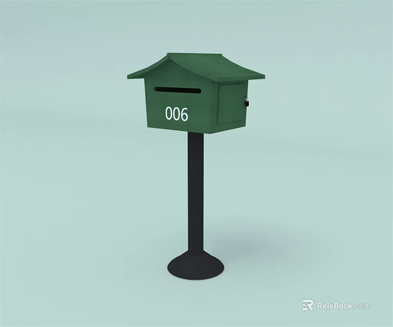 Public Facility Green Mailbox with Number 006 Small Roof Black Pole and Base 3d model 
