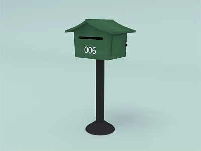Public Facility Green Mailbox with Number 006 Small Roof Black Pole and Base 3d model