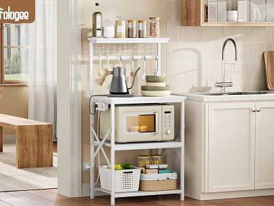 Modern Kitchen Storage Shelf With Microwave Jars Utensils And Vegetable Baskets 3d model