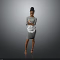 Woman In Gray Dress With White Apron Holding Object Standing On Gray Background