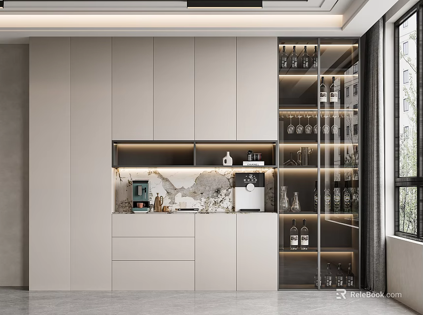 Elegant Modern Wine Cabinet With Glass Doors LED Lighting And Display Shelves For Wine Bottles 3d model 