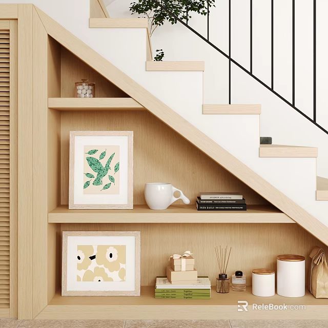 Cozy Minimalist Under Stairs Shelving Unit With Decorative Paintings Storage Boxes And Aromatherapy Bottles 3d model 