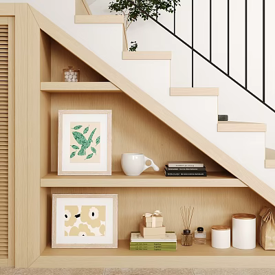 Cozy Minimalist Under Stairs Shelving Unit With Decorative Paintings Storage Boxes And Aromatherapy Bottles 3d model