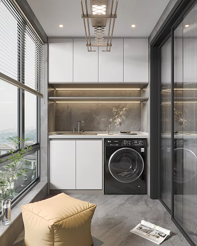 Functional Home Balcony Design With White Cabinets Washing Machine Sink Lighting Strip And Potted Plant 3d model