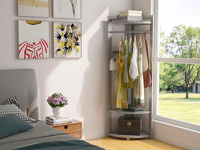 Corner Clothes Rack With Hanging Clothes And Storage Shelf In Bedroom By Window 3d model