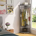 Corner Clothes Rack With Hanging Clothes And Storage Shelf In Bedroom By Window