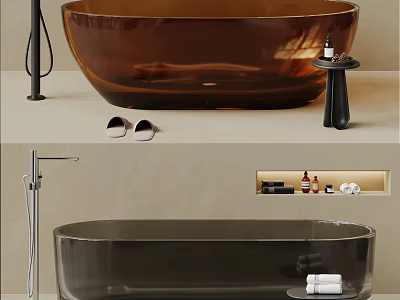 Elegant Brown Bathtub In Modern Bathroom Interior With Side Table Slippers And Toiletries 3d model