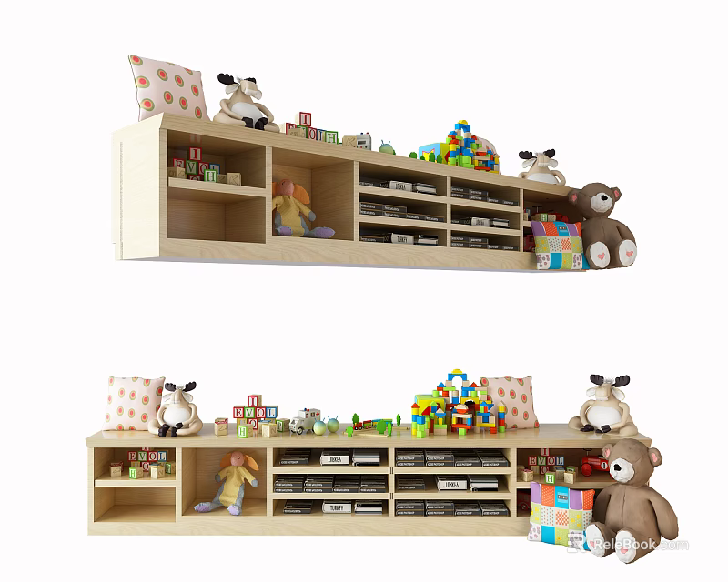 Stuffed Animals On Wooden Toy Shelf With Colorful Building Blocks And Toy Storage Compartments 3d model 