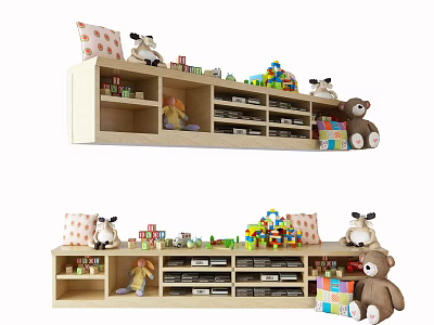 Stuffed Animals On Wooden Toy Shelf With Colorful Building Blocks And Toy Storage Compartments 3d model
