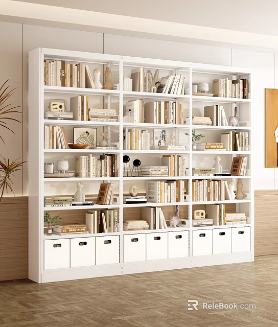 Modern White Shelf Unit With Books Decorative Items And Drawers In Living Room 3d model 
