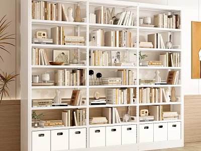Modern White Shelf Unit With Books Decorative Items And Drawers In Living Room 3d model