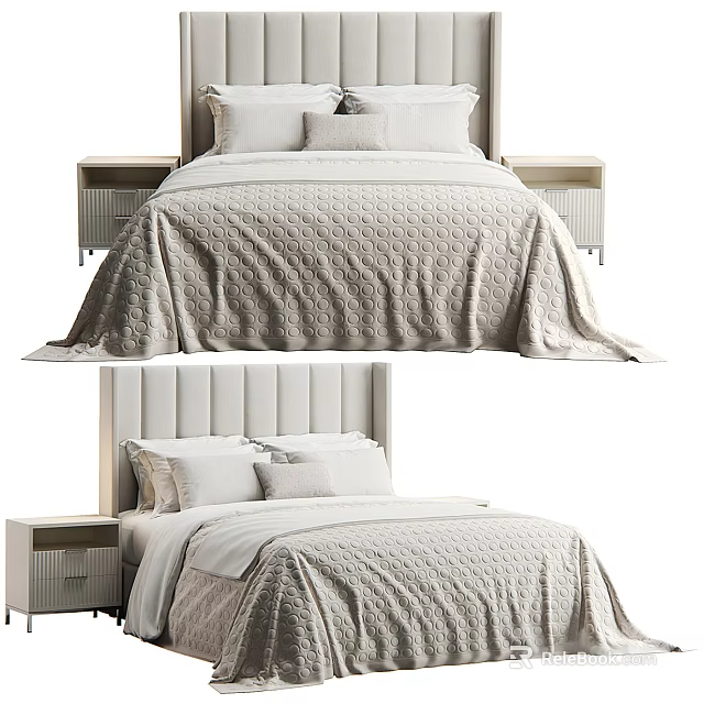 Modern Double Bed With Upholstered Headboard Textured Bedspread And Matching Bedside Tables 3d model 