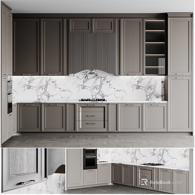 Sleek Modern Gray Kitchen Interior Design With Marble Backsplash And Cabinets 3d model