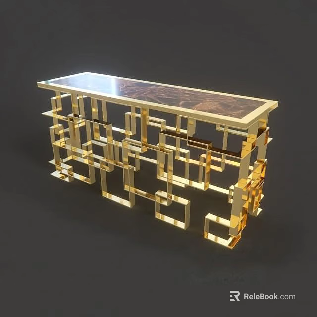 Elegant Modern Gold Console Table With Geometric Frame And Marble Top 3d model 