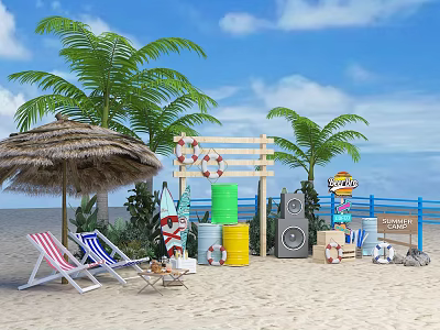 Tropical Beach Setup With Palms Sun Umbrella Lounge Chairs Lifesavers Drums And Speakers 3d model
