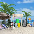 Tropical Beach Setup With Palms Sun Umbrella Lounge Chairs Lifesavers Drums And Speakers