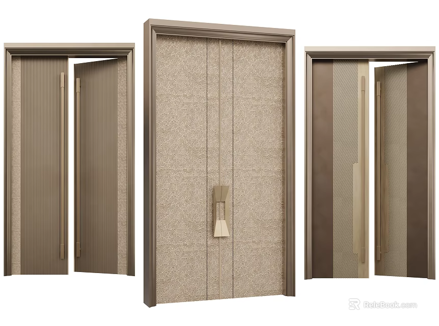 Stylish Double Doors Featuring Wooden Texture And Metal Frame For Modern Home Interior 3d model 
