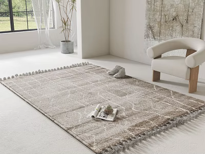 Neutral Square Area Rug With Tasseled Edges In Living Room Armchair Plant Window Magazine Tray 3d model