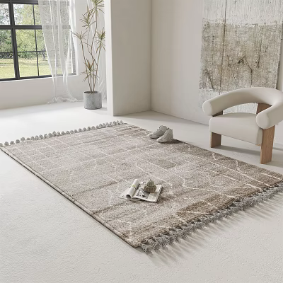Neutral Square Area Rug With Tasseled Edges In Living Room Armchair Plant Window Magazine Tray 3d model