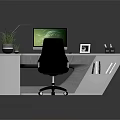 L Shaped White Office Desk With Computer Monitor Desk Lamp Potted Plant And Black Chair
