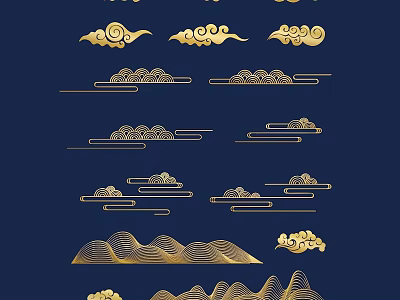 Golden Traditional Chinese Carving Patterns With Cloud And Mountain Designs On Blue Background 3d model
