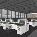 Spacious Modern Public Office Space Featuring Desks Computers Office Chairs Large Windows And Ceiling Lights 3d model
