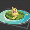 Yellow Animal With Red Ears Sitting On Green Platform Surrounded By Blue Water And Stars