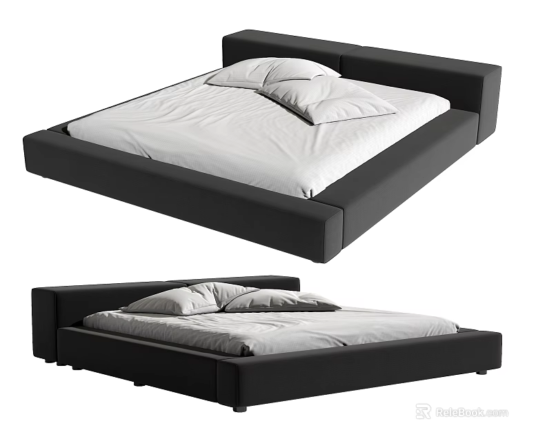 Modern Double Bed With Black Frame White Mattress And Soft Pillows 3d model