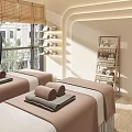 Relaxing Beauty Hair Salon Interior With Curved Bench Palm Trees And Circular Light Glow