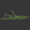 Garden Landscape Featuring Ancient Stone Ruins On Lush Green Grass With Mossy Stones