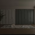 Modern White and Green Wardrobe with Arched Doors Drawers and Metal Handles Interior Design
