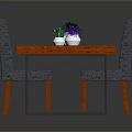 Red Wooden Dining Table With Eight Gray Chairs And Decorative Vases On Tray