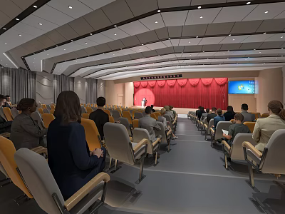 Auditorium Interior With Audience Seated Red Curtain Stage And Display Screen 3d model