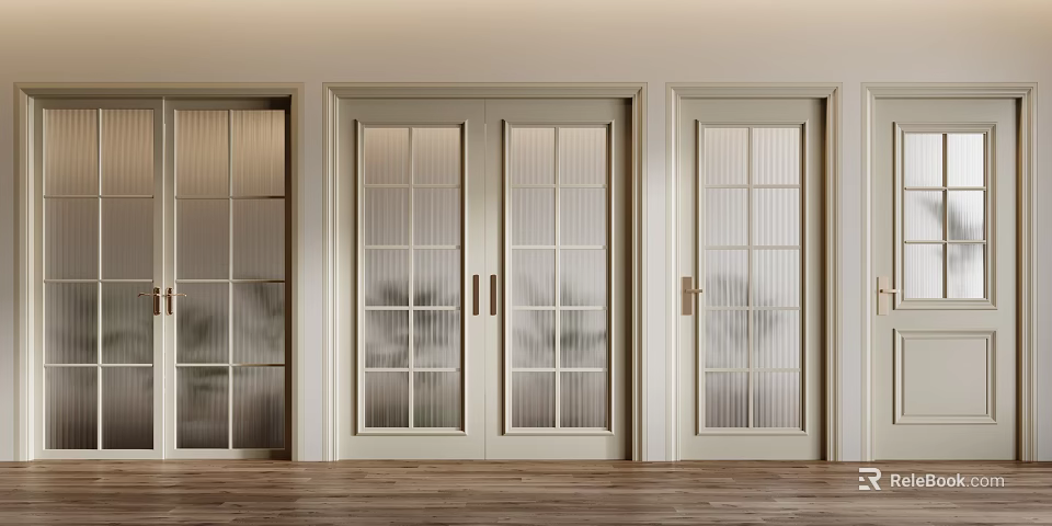 Cream Colored Double Doors With Glass Grid Panels In Modern Interior Design 3d model 