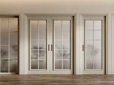 Cream Colored Double Doors With Glass Grid Panels In Modern Interior Design 3d model