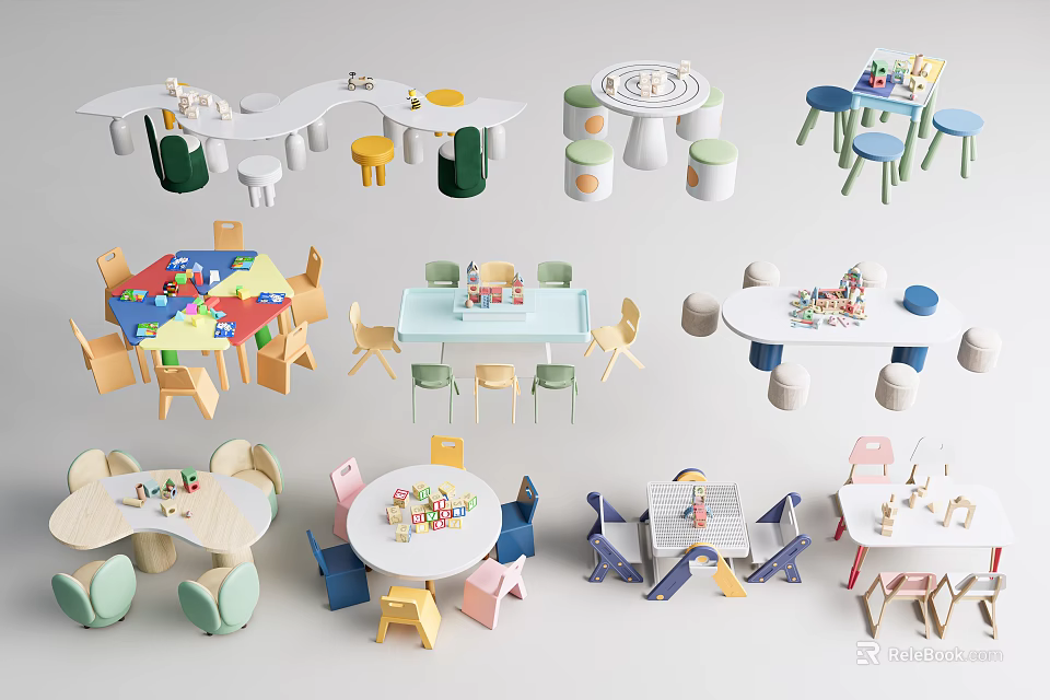 Colorful Children's Activity Tables With Matching Chairs For Kids Playroom 3d model 