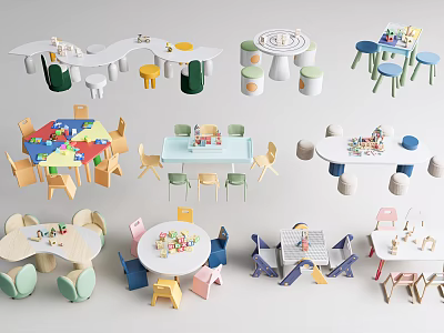 Colorful Children's Activity Tables With Matching Chairs For Kids Playroom 3d model