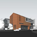 Modern School Building Exterior With Glass Windows Brick Red Accents And Landscaped Area
