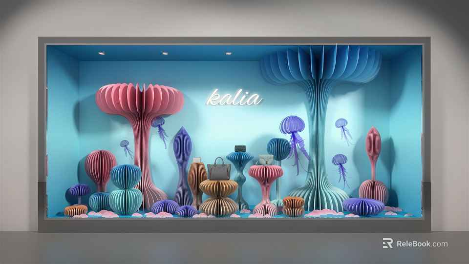 Kaila Retail Window Display with Colorful Paper Art Jellyfish and Flower Decorations on Blue Background 3d model 