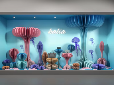 Kaila Retail Window Display with Colorful Paper Art Jellyfish and Flower Decorations on Blue Background 3d model